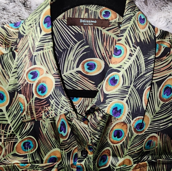 BELLISSIMO PEACOCK PRINTED LONG-SLEEVE  BLOUSE SIZE MEDIUM - Picture 4 of 7